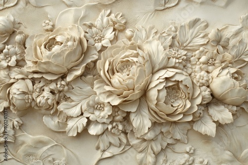 Fototapeta Naklejka Na Ścianę i Meble -  Ornate floral relief carving. Detailed, delicate carvings of roses and other flowers in a light beige tone