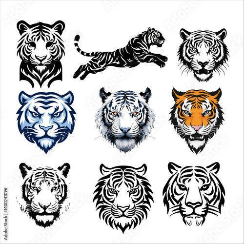 set of prowling tigers in dynamic motion black vector.