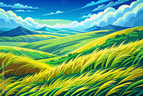 lush elevated plateau hill landscape with saturated summer grass rippling in the wind, The intense greens clash beautifully with the cobalt blue sky