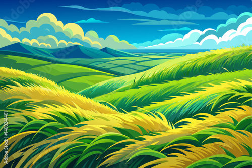 lush elevated plateau hill landscape with saturated summer grass rippling in the wind, The intense greens clash beautifully with the cobalt blue sky