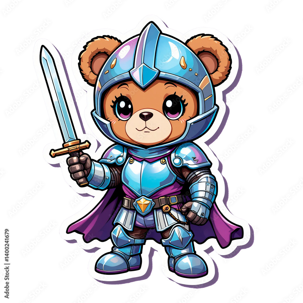 Obraz premium Children's sticker, bear warrior ,solid mint lime color background,transparent background