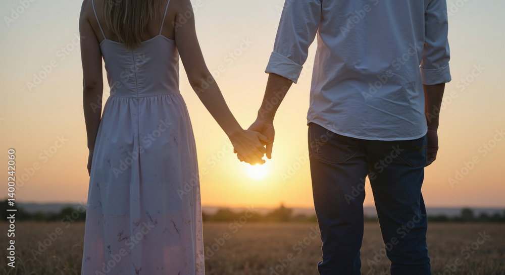 Couple holding hands at sunset in a serene landscape Couple holding hands at sunset in a serene landscape
