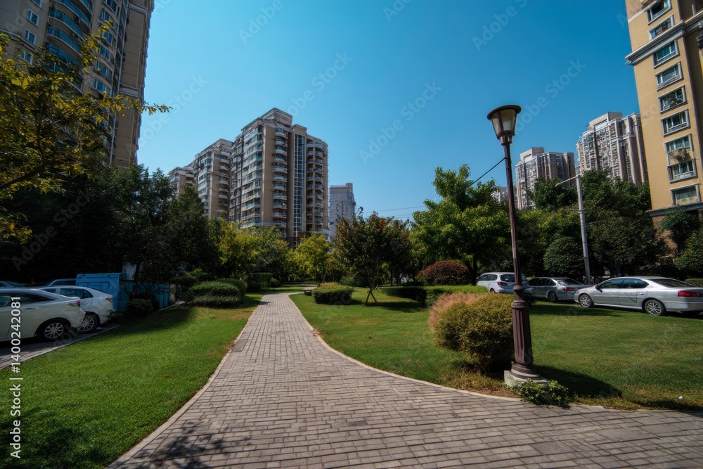Walking Path in Residential Area with Green Spaces and Apartment Buildings Walking Path in Residential Area with Green Spaces and Apartment Buildings