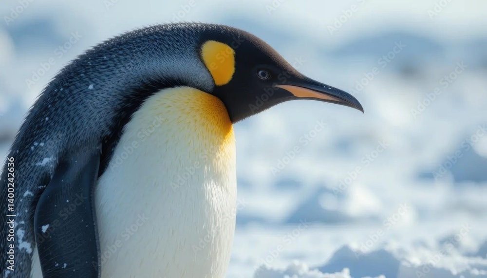 Fototapeta premium King Penguin Close-up: Icy Terrain, Sunlit Plumage Detail