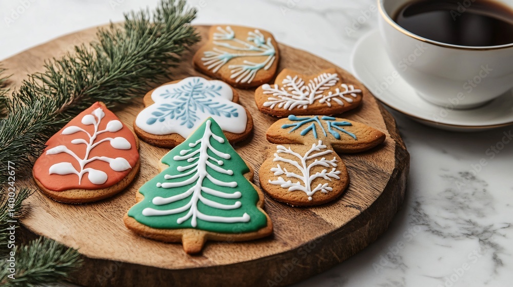 Hand-painted royal icing cookies arranged on a wooden platter with a cup of coffee Hand-painted royal icing cookies arranged on a wooden platter with a cup of coffee