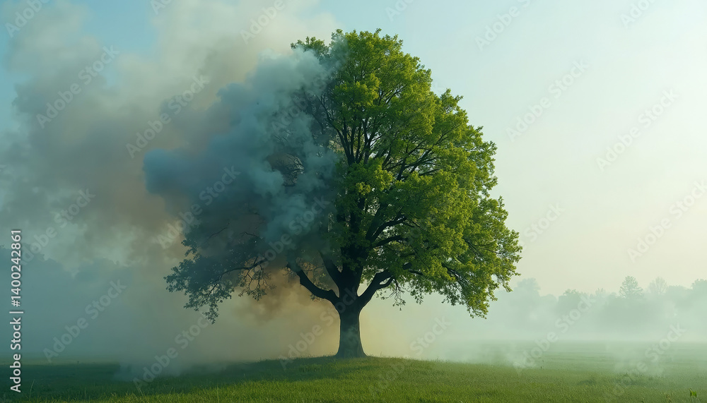 Tree in a smoky landscape symbolizing climate change, illustrating environmental contrast and pollution Tree in a smoky landscape symbolizing climate change, illustrating environmental contrast and pollution