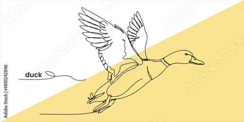 Flying duck continuous single line art drawing sketch on white background