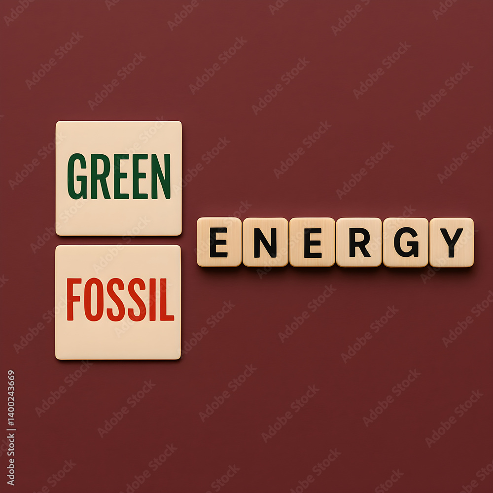 Green vs Fossil Energy Concept Flat Lay, Sustainable Renewable Power versus Traditional Oil and Gas Source, Environmental Impact Message with Wooden Blocks on Red Background, Energy Choice Symbolic Green vs Fossil Energy Concept Flat Lay, Sustainable Renewable Power versus Traditional Oil and Gas Source, Environmental Impact Message with Wooden Blocks on Red Background, Energy Choice Symbolic