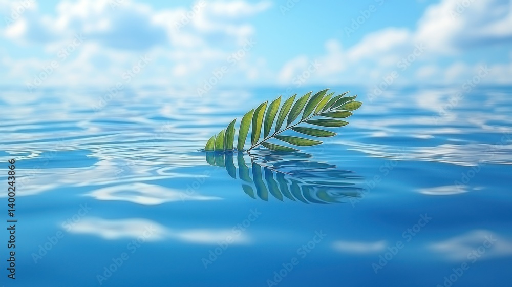 Obraz premium Serene Tranquility: A Palm Frond Floating on Calm Ocean Waters Under a Blue Sky