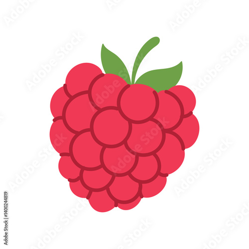 A red raspberry with a green leaf on top