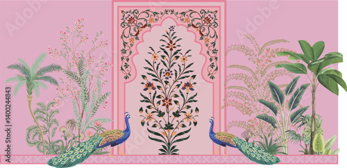 Mughal Wall Mural Design, Seamless Background, Mughal Arch with Fkowers, Peacock, Plants.
