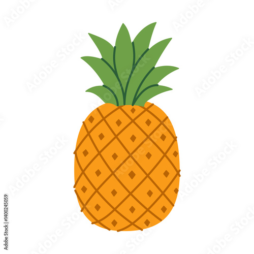 A cartoon pineapple with a green leaf on top. The pineapple is orange and has a diamond pattern on it