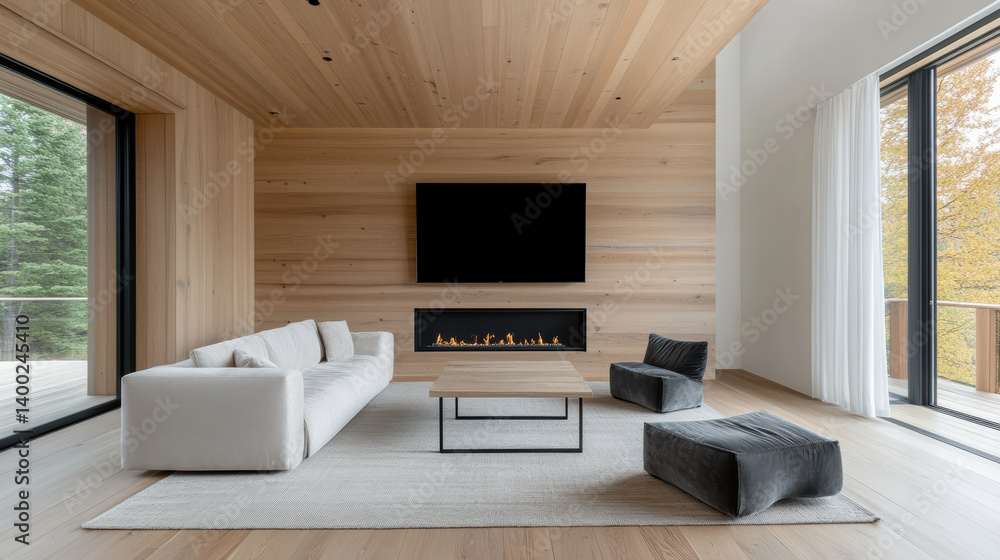 Naklejka premium Modern living room with wooden walls, cozy fireplace, and minimalist furniture