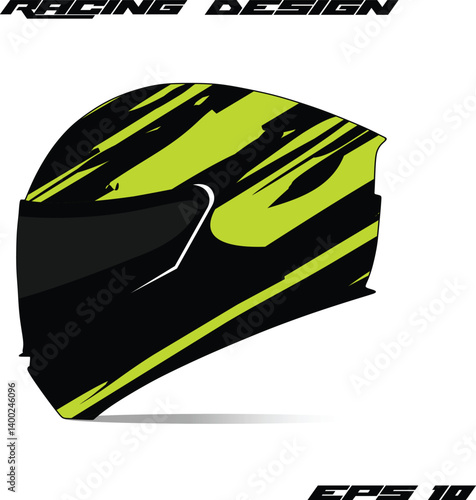Abstract racing helmet design featuring bold green stripes on a black background, showcasing speed and style