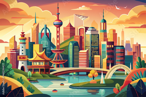 vector of Scenery of the city of Shanghai, China