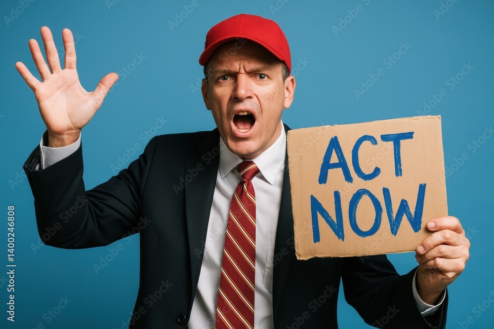 Angry man with ACT NOW sign urges immediate political action against rising economic inequality and trade imbalances. Concept of economic crisis, activism, protectionism.