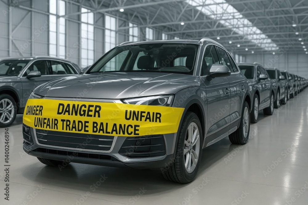 Imported cars wrapped in danger tape inside factory marked UNFAIR TRADE BALANCE, highlighting international vehicle sanctions.