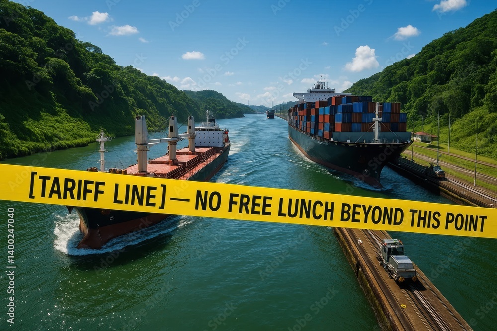 Freight ships halted at canal by tape reading TARIFF LINE — NO FREE LUNCH BEYOND THIS POINT, symbolizing geopolitical trade boundaries. Concept of tariff conflict, marine logistics, import limits.