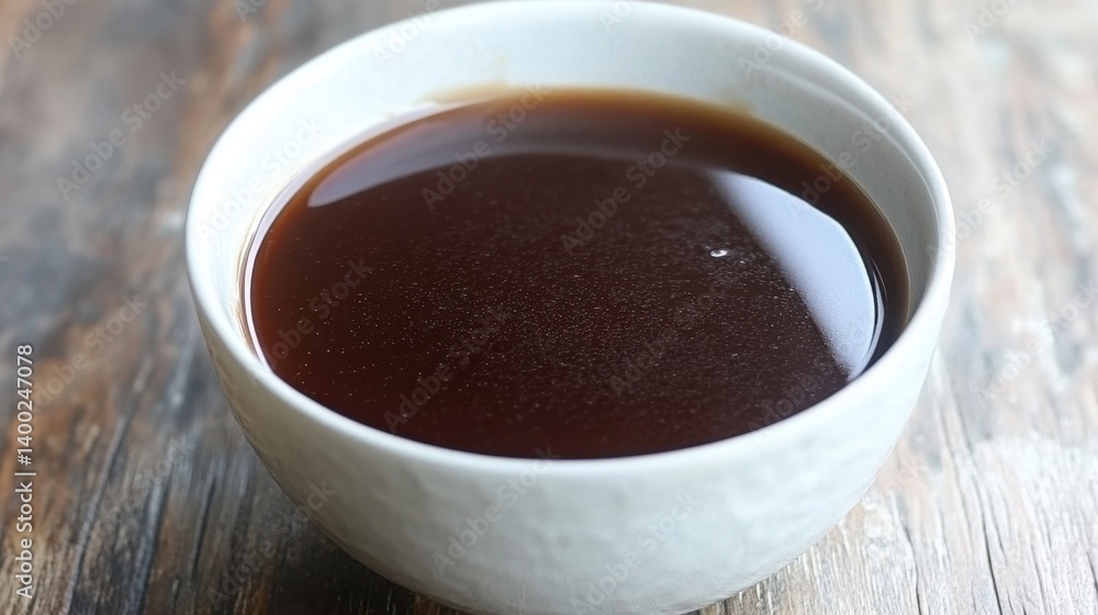 Rich brown sauce in white bowl on rustic wooden table captures culinary elegance and gastronomic delight with smooth texture and inviting aroma Rich brown sauce in white bowl on rustic wooden table captures culinary elegance and gastronomic delight with smooth texture and inviting aroma
