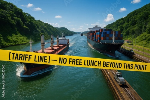 Obraz na płótnie Freight ships halted at canal by tape reading TARIFF LINE — NO FREE LUNCH BEYOND THIS POINT, symbolizing geopolitical trade boundaries. Concept of tariff conflict, marine logistics, import limits. w salonie