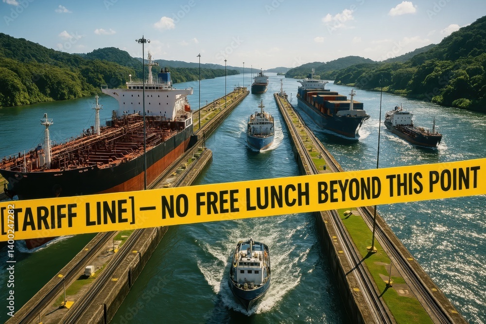 Fleet of container ships halted at canal locks by banner TARIFF LINE — NO FREE LUNCH BEYOND THIS POINT, illustrating global policy dispute. Concept of trade war, shipping, import restrictions.