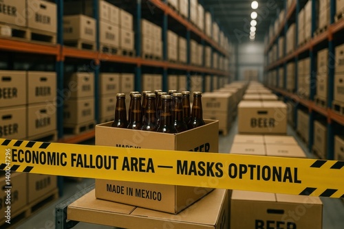 Obraz na płótnie Box of Mexican beer behind caution tape labeled ECONOMIC FALLOUT AREA — MASKS OPTIONAL, symbolizing import taxes and supply chain disruption. Concept of beer tariffs, crisis, trade conflict. w salonie
