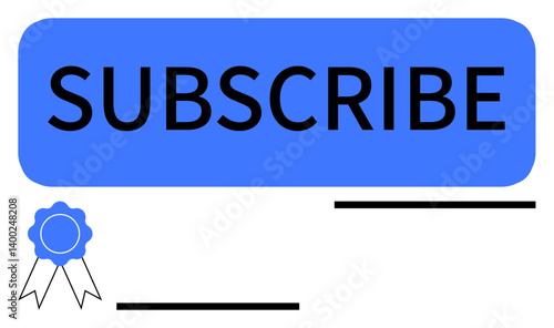 Bold Subscribe button in blue with ribbon symbol at bottom corner, representing trust, membership, or certification. Ideal for newsletters, rewards, sign-ups, loyalty, growth education abstract
