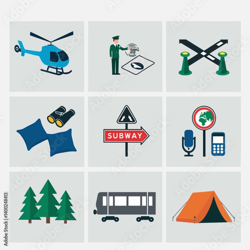 Transportation and Travel Icons: Helicopter, Subway, Tent, and More