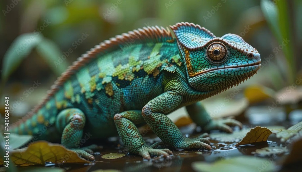 Jewel-toned Chameleon on Forest Floor, Detailed Texture Jewel-toned Chameleon on Forest Floor, Detailed Texture