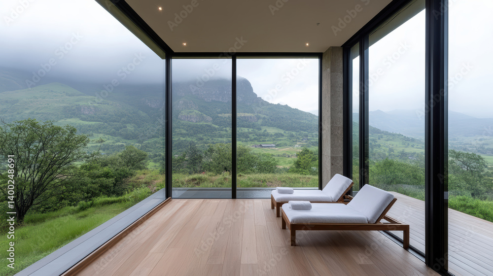 Fototapeta premium serene interior with large windows showcasing lush mountain landscape, inviting tranquility
