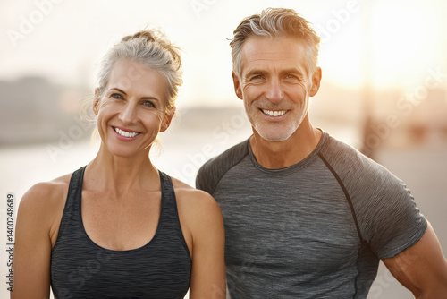 Pareja de mediana edad de mas de 50 años vestidos con camisetas de deporte posando a camara sonriendo con fondo de paisaje al aire libre soleado