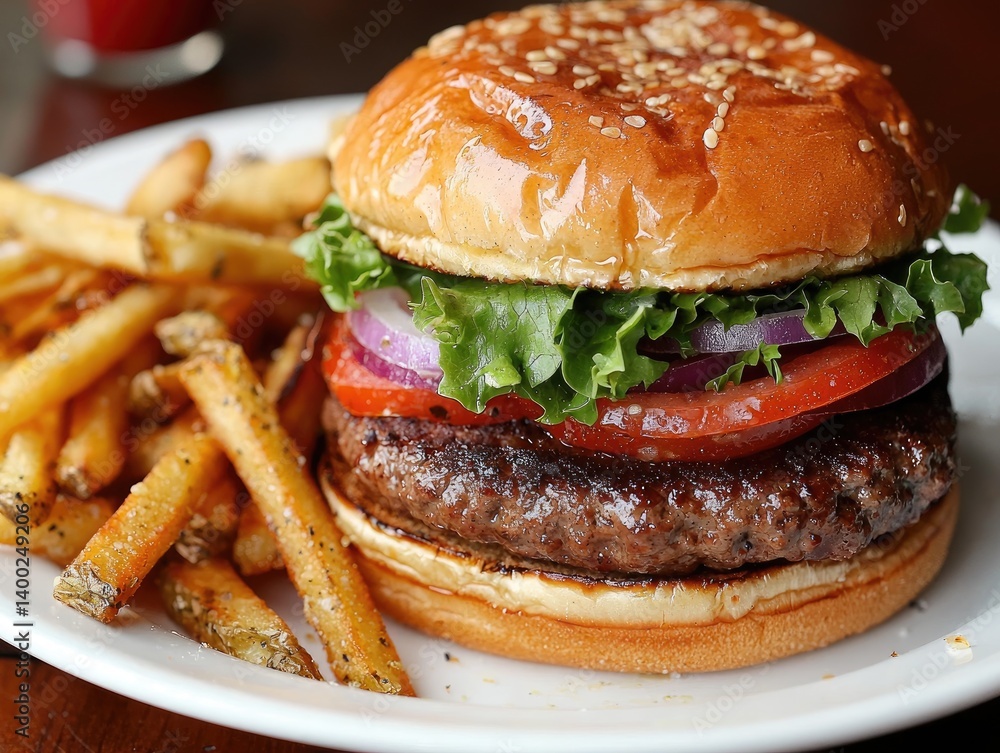 Classic burger and fries combo. A delicious, juicy burger, served with crispy golden-fried fries on a white plate. The burger has a perfectly cooked patty, fresh toppings, and a toasted bun