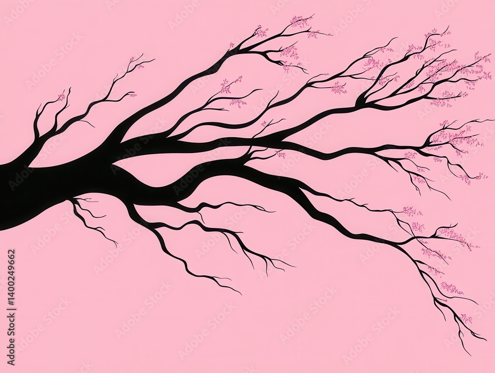 Obraz premium Abstract Cherry Blossom Branch Silhouette on Pink Background Serene Japanese Springtime Art