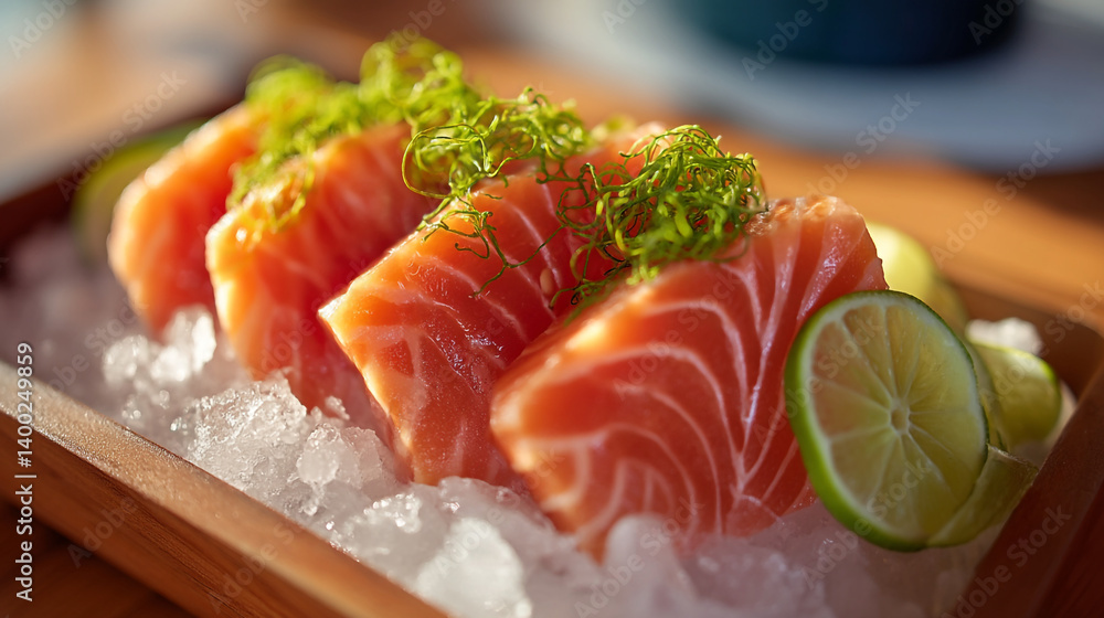 Fresh salmon sashimi with lime and garnish served on ice raw fish seafood japanese cuisine delicacy gourmet Fresh salmon sashimi with lime and garnish served on ice raw fish seafood japanese cuisine delicacy gourmet