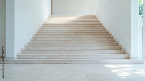 Elegant marble staircase with soft sunlight illuminating steps  creating serene atmosphere