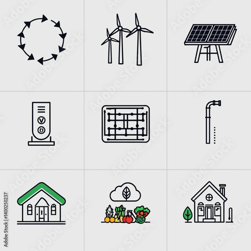 Sustainable Living Icon Set: Renewable Energy, Organic Food, Eco-Friendly Homes