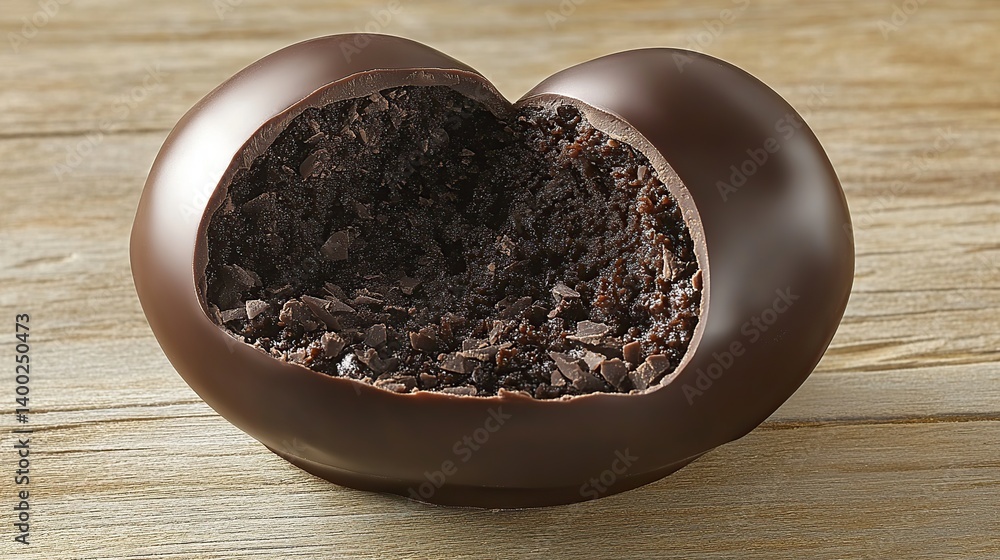 Dark chocolate truffle with smooth cocoa powder coating, rich chocolate ganache filling inside Dark chocolate truffle with smooth cocoa powder coating, rich chocolate ganache filling inside