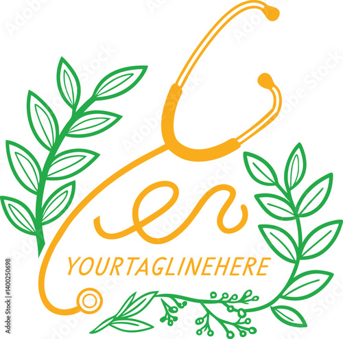Square Icon with Green Leaf Herbal Medical Doctor's Stethoscope