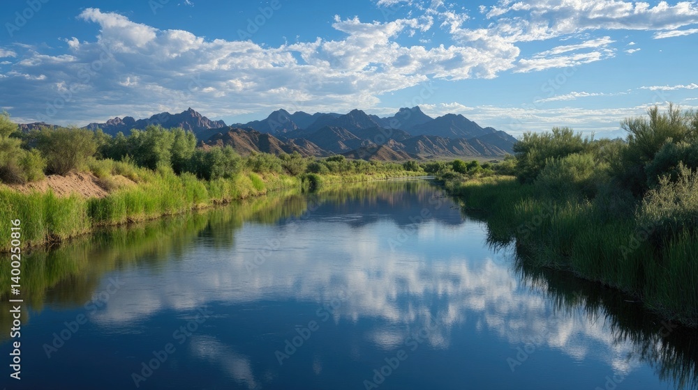 River with mountains in the background and calm reflections River with mountains in the background and calm reflections