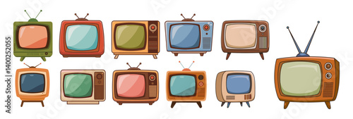 A collection of old fashioned TV. The televisions are of different colors and sizes. vector isolated on transparent background