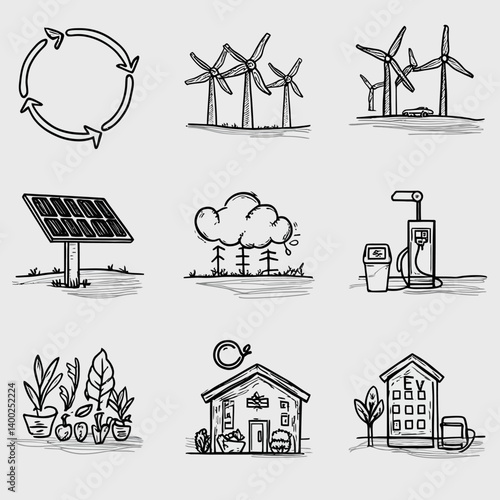 Eco-Friendly Doodle Set: Wind Turbines, Solar Panel, Electric Car Station, and Sustainable Living.