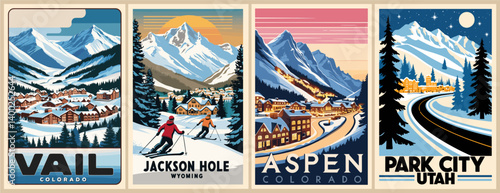 Set of retro Ski Posters with mountain scenes from Colorado, Utah, Wyoming, and Colorado. The postcards feature skiers and snowboarders on the slopes, and the mountains are covered in snow. Vector art