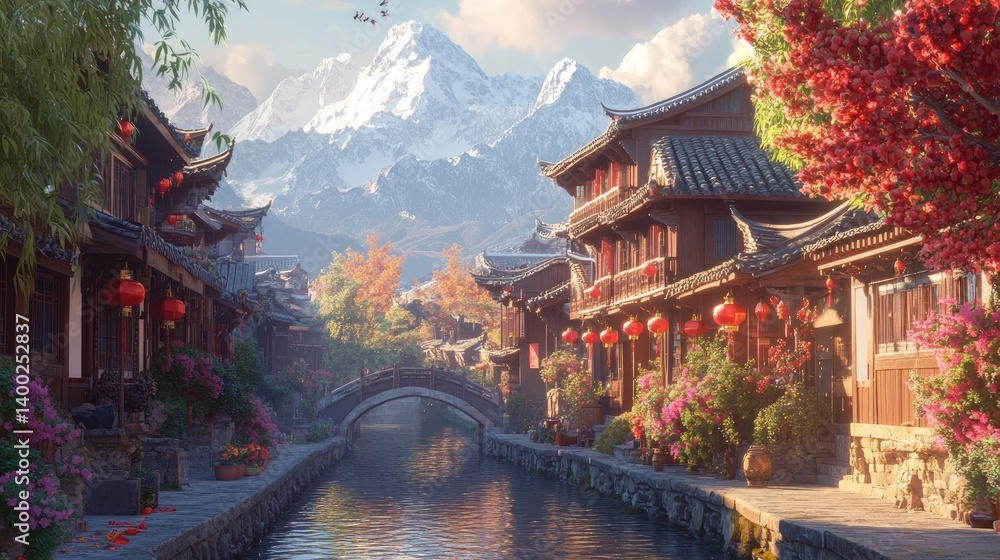 Obraz premium Asian village nestled beside a canal, mountains in the background. Colorful autumn leaves, traditional architecture, and festive lanterns