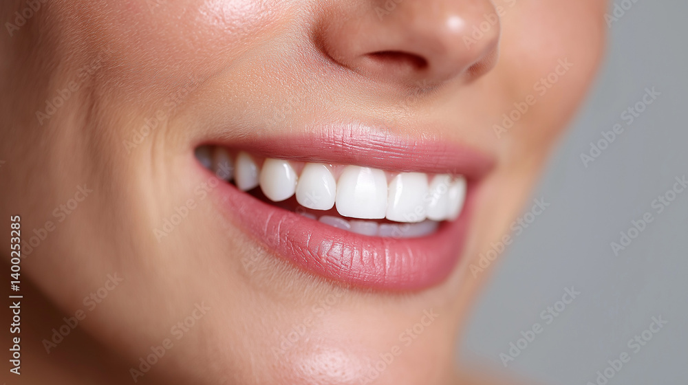 Naklejka premium Radiant Smile and White Teeth, Close-Up Photo Highlighting Female Dental Beauty, smiling woman, white teeth, dental health, close-up face, teeth whitening, oral hygiene, happy woman, beauty smile, con