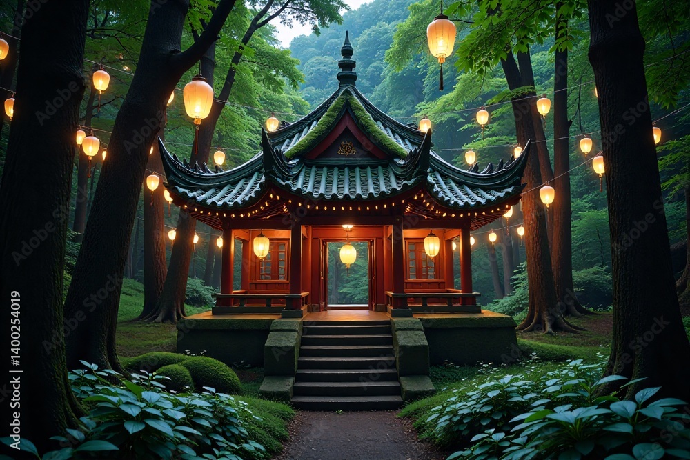 Enchanted Forest Temple Illuminated by Floating Golden Paper Lanterns Enchanted Forest Temple Illuminated by Floating Golden Paper Lanterns