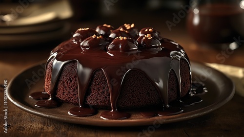 Chocolate lava cake with gooey molten chocolate center, rich chocolate crust surrounding it