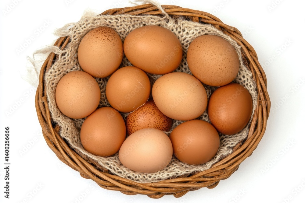 Rustic Wicker Basket Filled with Fresh Brown Eggs on Neutral Woven Fabric a Farm Fresh Still Life Overhead Shot Rustic Wicker Basket Filled with Fresh Brown Eggs on Neutral Woven Fabric a Farm Fresh Still Life Overhead Shot