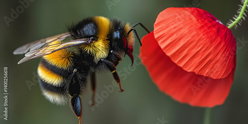 Fluffy bee with yellow and black stripes landing on a vivid red flower petal against a blurred green background