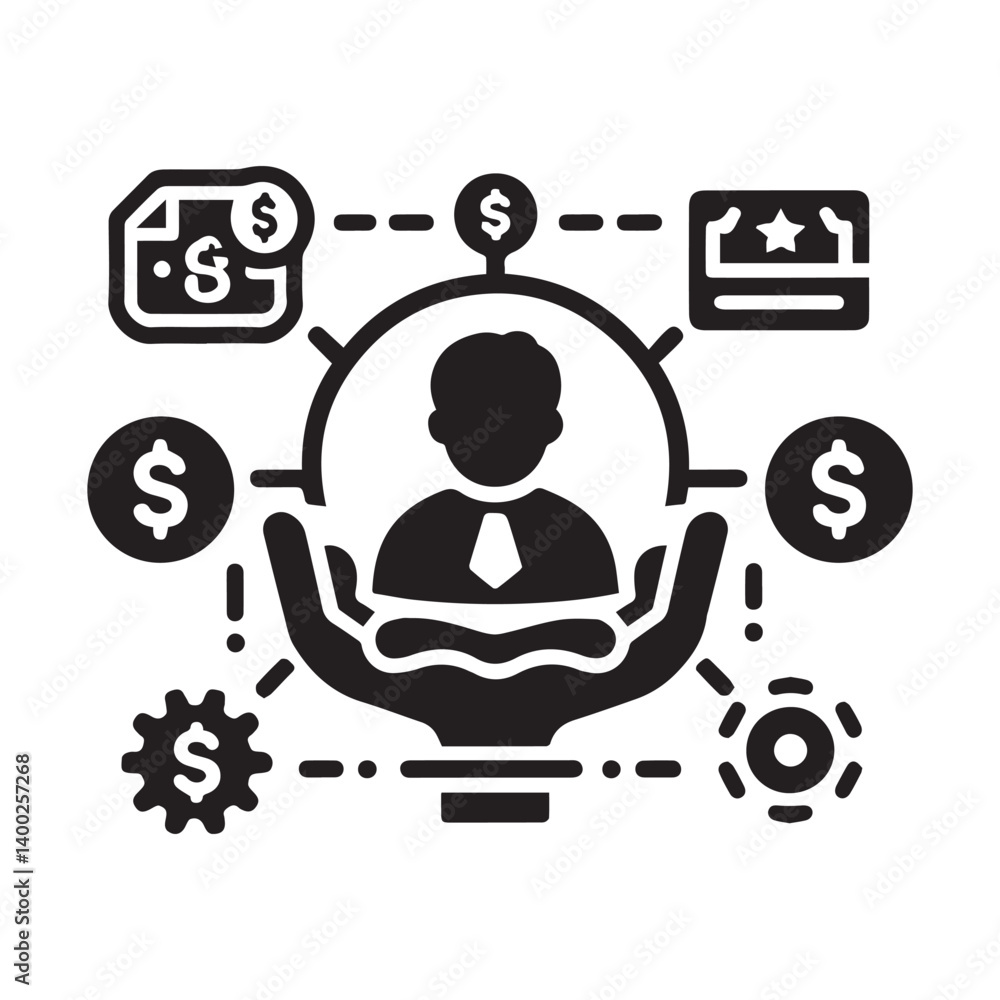 Vector illustration of a social network icon with symbols for business, media, and internet services