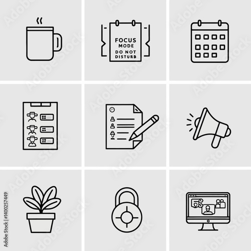 Productivity Icons Illustrating Work Tools, Schedule, and Focus